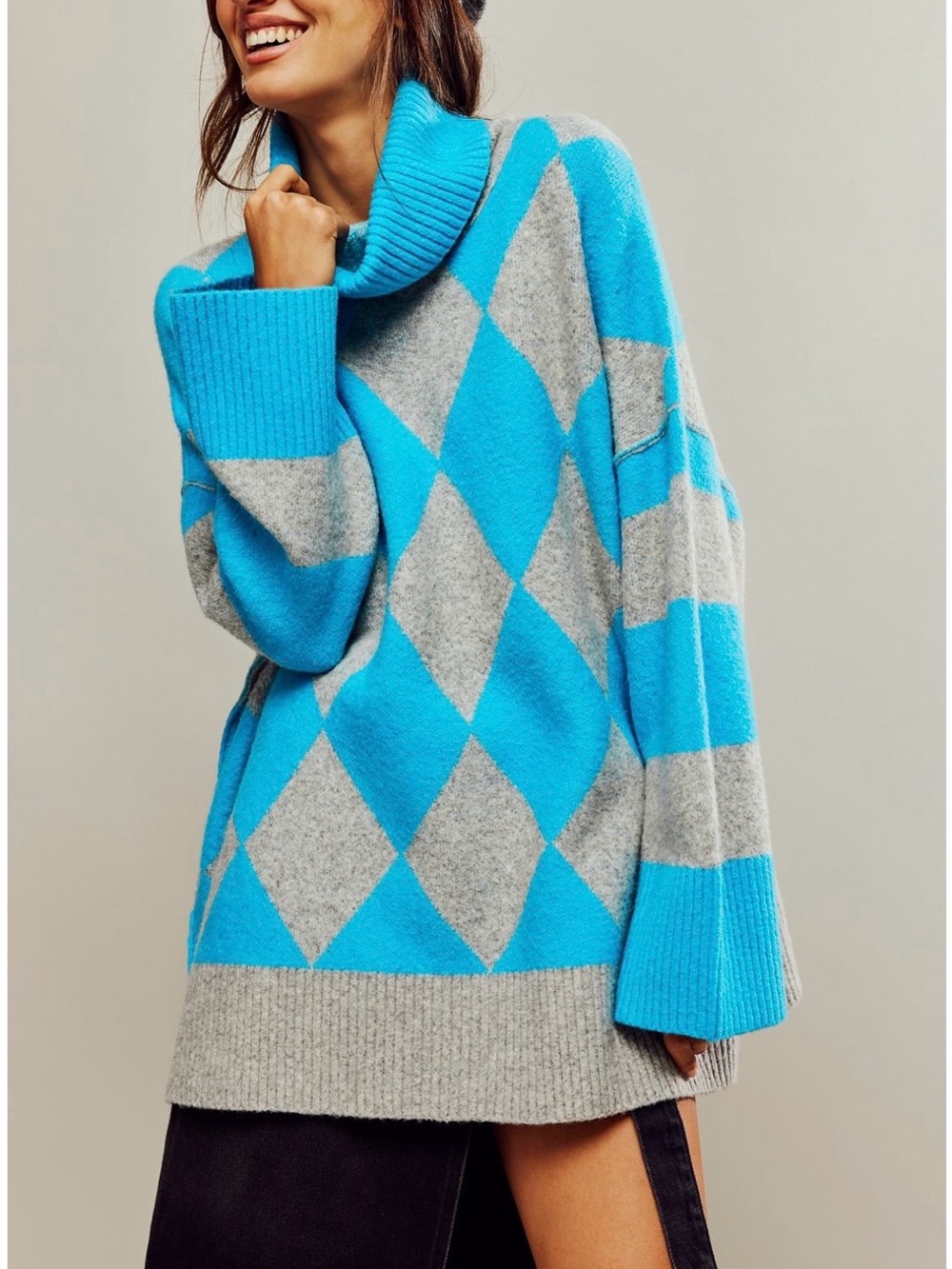 Free People Turquoise and Gray Argyle Cowl Neck Sweater